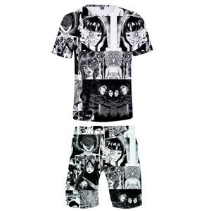 Testros masculinos Japão Horror Comic Junji Ito 3D Impressão de verão Caminhadas de manga curta e shorts de praia Duas peças Conjunto de streetwear de roupas esportivas casuais 230314