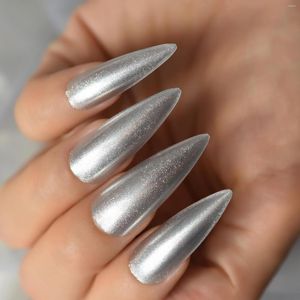 False Nails Extra Long Sharp Press On Stiletto Shimmer Silver Polished Fake Set Halloween Nail Manicure Makeup For Women