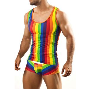 Men's Tracksuits Pajamas Set Rainbow Stripe Printed Sleeveless Tank Shirt Summer Daily Home Tight Sexy Shorts Mens 2Piece 230314