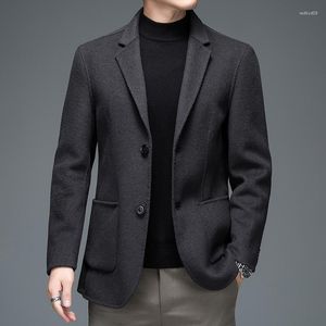 Herrenanzüge, England-Stil, Herren-Kaschmir-Blazer, Grau, Braun, Marineblau, Schwarz, gekerbter Kragen, einreihiger Anzug, Jacke aus Schafwolle, Outfits 2023