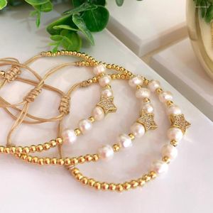 Strand 5Pcs Cz Zircon Star Braccialetti con ciondoli Perle d'acqua dolce naturali Bracciale con perline color oro Gioielli per le donne Regalo di moda fatto a mano