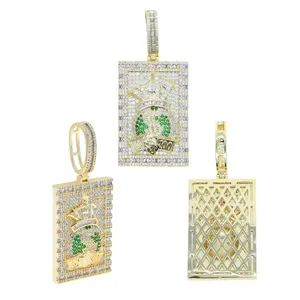 Pingente Iced Out Bling Verde Branco Cz Pavimentado Dólar Colar para Homens Moda Geométrico 5A Zircão Cúbico Hip Hop Jóias Legais