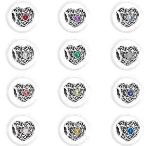 Zinc Alloy Charm Beads 12 Months Heart-shaped Birthstone Jewelry for Bracelet Birthday Anniversary Gift
