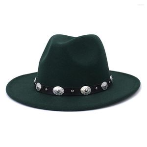 Bereliler Geniş Ağız Düz Kadın Erkek Taklit Yün Siyah Yeşil Panama Fedora Şapkalar Metal Kemer Ile Goth Üst Vintage Parti Düğün Caz Şapka