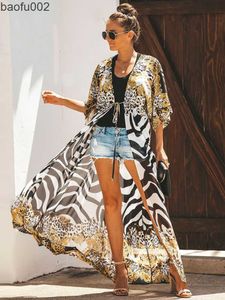 Sıradan Elbiseler Bikini Kapak Şifon Plajı Kimono Kadın Leopar Baskılı Mayo için Uzun Cape Yaz Plajı Giyim Fabrika Tedarik W0315