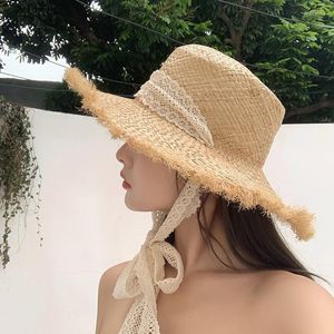 Geniş Memlu Şapkalar Moda Yaz Siper Şapka Kadınlar Günlük Dantel Düz Üst Güneş Engelleyen Rafya Japon Panama Deniz Kara Kovası Kadın için