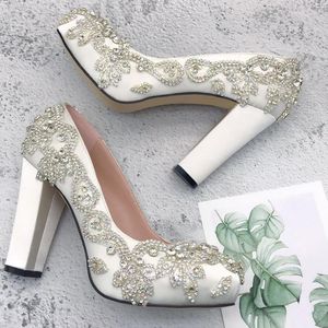 Dress Shoes CHS1220 Custom Made Blockk Heel Women Crystal Ivory White Bridal Wedding