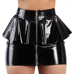 Skirts Sexy Black Red Wet Look PVC Latex Package Hip Pencil Skirt Vinyl Zipper Ruffles Shiny Clubwear Bodycon Mini