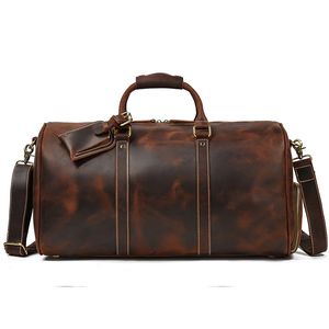 Vintage Mens leather Travel Bag Genuine Leather Hand Luggage Boston Bag Duffle Large Top layer cow Capacity Shoulder For 20 Inch Laptop handbag Leisure fitness bag
