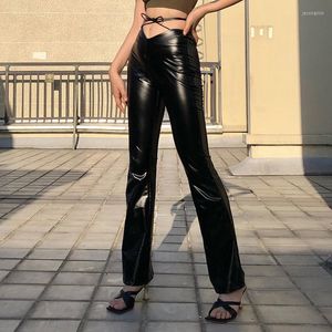 Kvinnors byxor kvinnor avslappnad minimalistisk svart våt look leggings hög midja snörning byxor klassiska pu faux läder