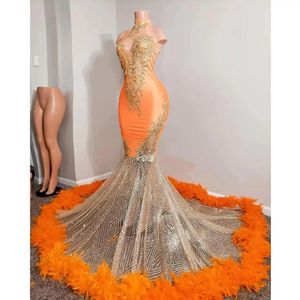 Black Girls Orange Mermaid Prom Dresses Satin Beading Sequined High Neck Feathers Skirt aso ebi Evening Party Formal Gowns