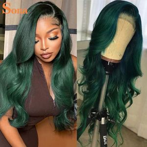 Syntetiska peruker Dark Green Spets Front for Women Human Hair Pre Plucked Transparent Ombre Frontal Wig With Roots Colored 230314