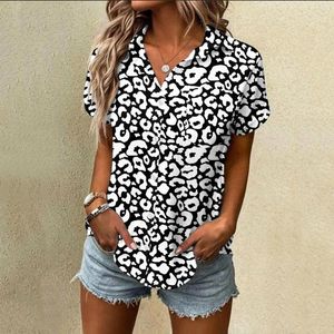 Kvinnor Bluses Womens Spring Summer Printed Short Sleeve V Neck Shirt Top Blus Soft Shirts For Women Deep Blockbuster
