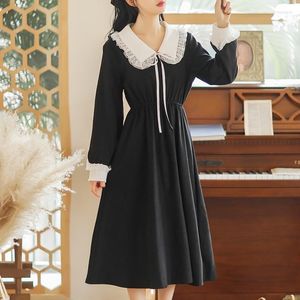 Casual Dresses 2023 Winter Black Gothic Dress Women Party One Piece Korean Fashion Vintage Midi Long Sleeve Lace Kawaii Clothing