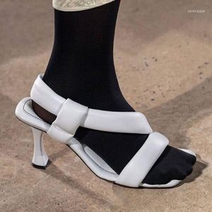 Dress Shoes Summer Lady Luxury Hand Made Woven Sponge Soft Leather Sandals Woman Elastic Band Square Open Toe High Heel