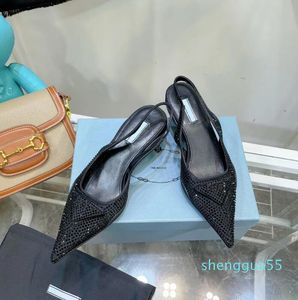 Kitten-Heel Slingback Pumps schoenen kristal-verrukt strass met strass met geredde avondpunt teen sandalen dames