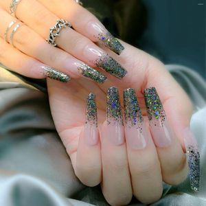 Unghie finte glitter oro con design ballerina francese extra lunga punte per unghie con copertura completa finta strumento per manicure bara