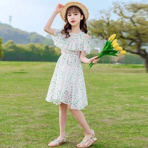 Girl Dresses 2023 Summer Teens Chiffon Clothes Off Shoulder Girls Dress Elegant Party Mesh Princess Floral Kids 6 8 10 12 Year