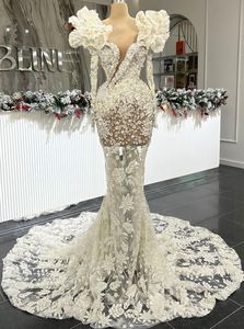 2023 Arabic Aso Ebi Lace Mermaid Wedding Dress Pearls Crystals Ivory See Through Bridal Gowns Dresses ZJ2787