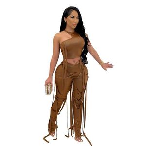 Summer Womens Two Piece Pants Set Rock Style PU Leather Bandage Suit Sexy Halter Hollow Out Crop Tops Outfits Nightclub