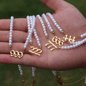 Pearl Choker Necklace 111 222 333 444 555 666 777 888 999 ängelnummer halsband kvinnor rostfritt stål smycken present collier