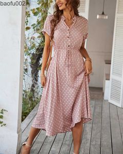 Casual Dresses Ladies Polka Dot Print Shirt Dress Women Casual Midi Holiday Summer Dress Kvinna Loose Women Beach Dress Sundress Robe Vestidos W0315