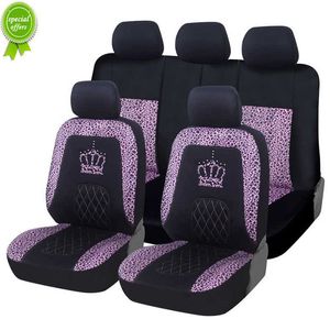 New Leopard Print Car Seat Covers Queen Crown Print Front Bucket Seat Cover Rear Seat 3-Seater For Women Universal Fit 99% Cars