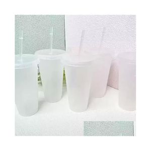 24Oz 투명 컵 플라스틱 투명 텀블러 여름 재사용 가능한 차가운 마시는 커피 주스 머그잔 뚜껑과 St Fy5305 Drop Deliv Dh7Rv