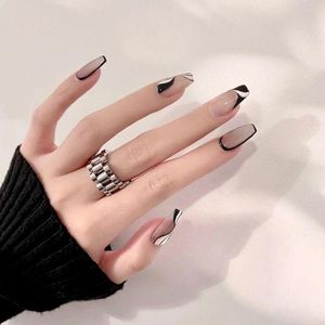 False Nails 24pcs Detachable With Black White Wave Design French Coffin Ballerina Fake Manicure Nail Tips Press On
