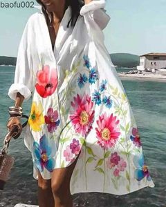 カジュアルドレス特大のシャツドレス女性サマープリント長袖ルーズドレスビーチパーティーベスティドバケーションサンドレスローブW0315