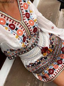 Sukienki swobodne inspirowane boho haftowaną letnią sukienkę z długim rękawem elastyczna talia z dekoltem w tassel boho plaż