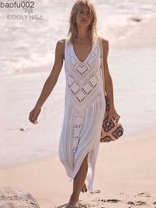 Casual Dresses 2023 Sexig ärmlös bikini Cover-ups White Crochet Tunika Sticked Summer Beach Dress Women Beach Wear Swim Suit Cover Up Q1299 W0315