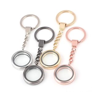 Nyckelringar Fashion Glass Locket Keychain Color Gold Black Round Diy Po Frame Floating Lockets Keyring SMycken för män Kvinnor