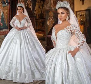 Elegant Satin Dubai Arabian Ball Gown Wedding Dresses With Long Sleeves Sexy Deep V Neck Vestidos De Novia Lace Appliqued Pearls Puffy Princess Bridal Gowns CL2012