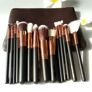 Brush de maquiagem 15pcs/pincel com power pó de bolso pu pó kit de pincel de sombras de blush e sombra