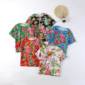 Women's T Shirts Woman Tshirt Summer Unisex Thin Loose Chinese Style Peony Printed Round Neck Cotton Short Sleeve Beach Top Female