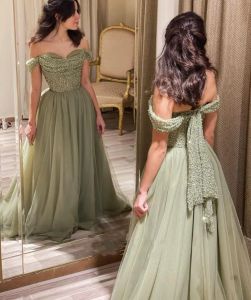 Green Olive Prom Dresses Sequins Sleeveless Off the Shoulder Straps Custom Made Ruched Evening Party Gowns Vestidos Formal Ocn Wear Plus Size