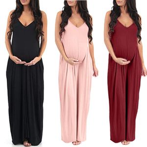 Lässige Kleider Elegante schwangere Frauen tiefes Kreuzmuster V-Ausschnitt langes Kleid einfarbig Stillen Stillen Maxi Party Wear