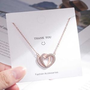 Pendant Necklaces S925 Sterling Silver Double Heart Necklace Women's Micro Inlaid Love Heart Clavicle Chain Silver Jewelry Factory OutletL230315