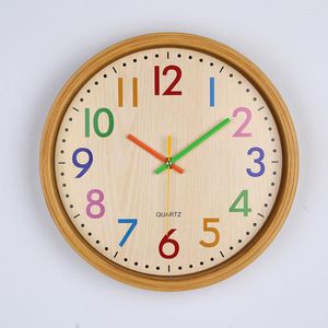 Wall Clocks 12 Inch Round Clock Creative Wood Grain Color Word Watch Home Living Room Pendant Decorations Bedroom Ornaments