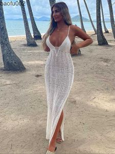 Casual klänningar vit virkning tunika ny sexig spaghetti rem klipp ut bodycon maxi klänning kvinnor sommarkläder strandkläder baddräkter täcker a1260 w0315