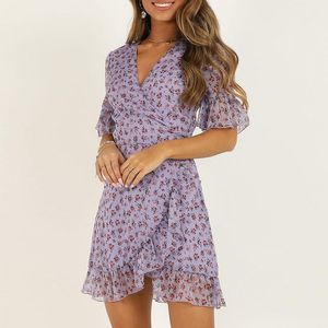 Casual Dresses 2023 Women Lilac Floral Wrap Dress Summer Elegant Flare Sleeve Boho Print Mini Sundress Sexy V Neck Ladies Clothes