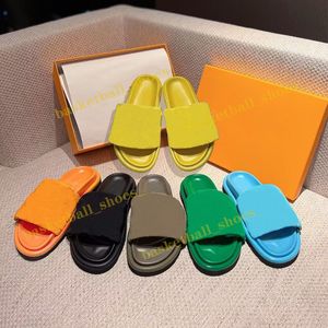 2023 Designer Pool Pillow Women Mules Sandals Sunset Flat Comfort Mules Padded Front Strap Black Green Blue Slippers Flats Slides