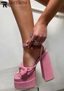 Sandalet Platform Sandalet Kadınlar Için Yay Düğüm Detay Bildirimi Blok Topuk Gümüş Parıltılı Sandalet Ayakkabı Burnu açık 2023 Parti Kulübü Bahar Y2303