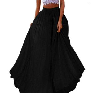 Skirts Bohemian Pleated Maxi Long Elastic High Waist A-Line Chiffon Skirt Solid Color Flowy Large Hem Streetwear