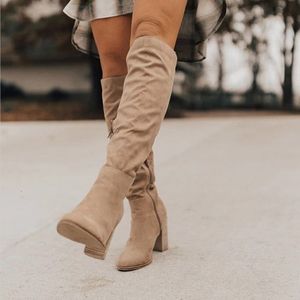ブーツニーハイブーツ冬の女性靴ジッパーハイヒールの背の高いブーツ縫製厚いかかとのレディースブーツブラック230314