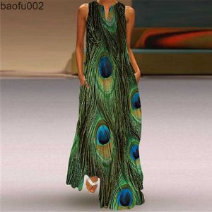 Casual Dresses NEW Ladies Elegant Party Retro Peacock Feather Long Dress Summer Ladies Fashion Printed Flowers Sleeveless Casual Dress W0315