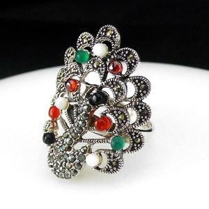Ringos de cluster fnj colorido zircão pavão 925 prata original s925 anel tailandês para mulheres jóias marcasite