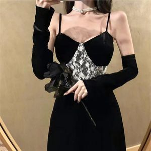 Casual Kleider Elegante Samt Strap Kleid Frauen Abend Party Ein Stück Koreanische 2023 Frühling Schwarz Spitze Sexy Vintage Kleidung Chic