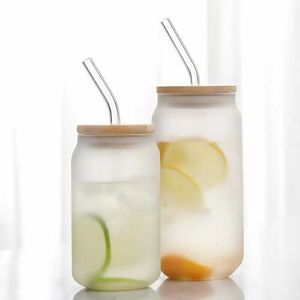 380ml 550ml Clear Tumbler reutilizável Copo de cerveja de vidro com tampas de bambu e canudos RRA